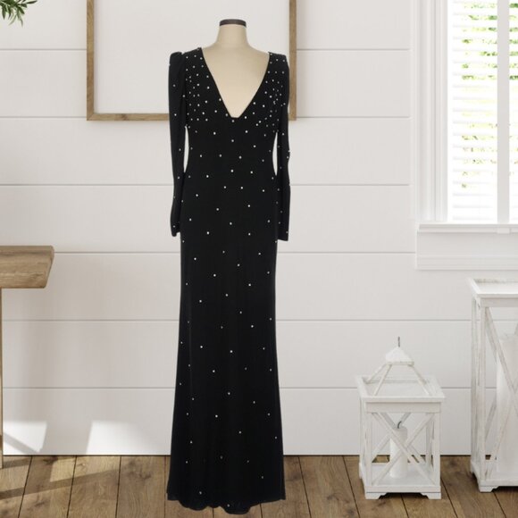 Mac Duggal 55797 Rhinestone Encrusted Long Sleeve V-Neck Black Gown Maxi - Picture 2 of 4
